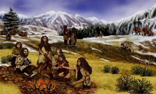Were prehistoric peoples without religious morality because they struggled to survive in harsh conditions on few resources? A family of Neanderthals in Eurasia, during the Pleistocene epoch