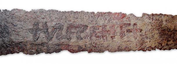 The famous Ulfberht inscription on a different sword found in the Rhine river, displayed at the Germanisches Nationalmuseum, Nuremberg, Germany. (Martin Kraft/CC BY-SA 3.0)
