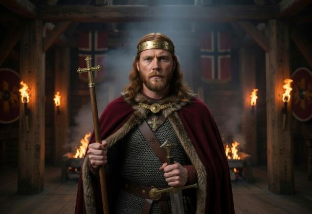 King Olaf the Holy stands powerfully in a dimly lit Viking longhouse hall. He wears a simple golden circlet crown with crosses, a deep red fur-lined cloak over chainmail, and holds a large processional cross in one hand and a sword in the other.
