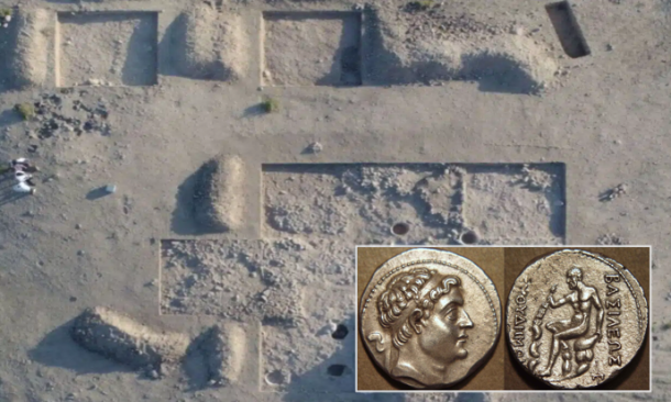 Aerial view of the excavation in the central part of Iskandar Tepa. Inset; Silver tetradrachm of Demetrius I Soter