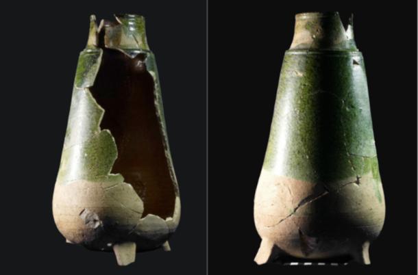 Two sides of the flask-shaped distilling vessel found at Gnandstein Castle which is partly green-glazed on the outside and yellow-glazed inside.