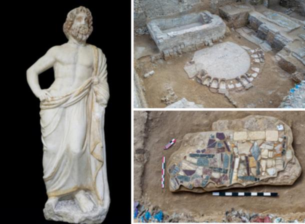 Statue of Bacchus, public bath house and mosaic found beneath Alexandria, Egypt