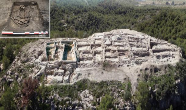 Aerial view of La Almoloya, the Argaric hilltop settlement at Pliego, Murcia, Spain, with inset, El Argar burial. 