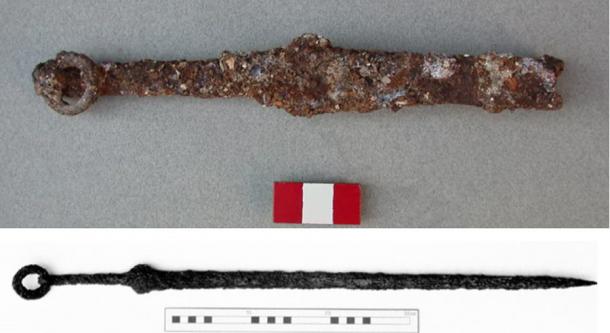 This iron sword, now fragmentary and corroded, was discovered in 1993 in the Byzantine city of Amorium. Its surviving hilt with the ringed pommel is unique. Source: Amorium Excavation Project