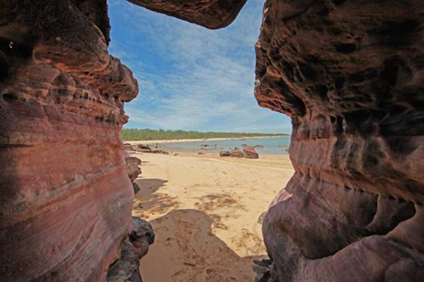 View through sacred rocks beyond Dhambala Homeland center, Elcho island.