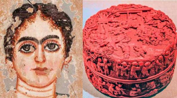 (Left) Photo shows an Egyptian painted wood mummy portrait of a woman from the Roman period, circa 2nd or 3rd century AD. (Right) Cinnabar was widely used as a decorative pigment as well as a toxic cosmetic. A Chinese 
