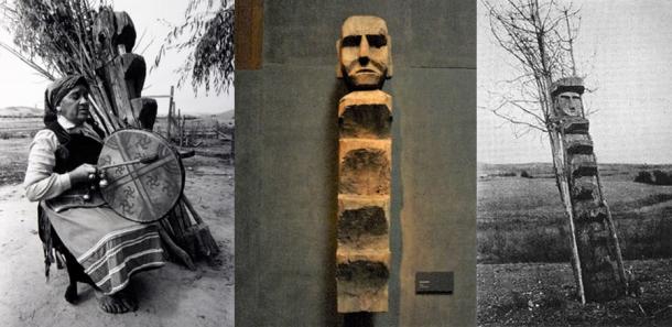 Left: Machi playing the Kultrún. Behind her it can be seen the inclination of the staggered Rehue . Center: A Rehue in the exhibition of the Museo Chileno de Arte Precolombino. Right: A Rehue as a symbolic figuration of the Tree-Man. Source: Martin Thomas / Photographic Archive of the Museo Chileno de Arte Precolombino; Photo by the author: Rafael Videla Eissmann, 2017; Author provided