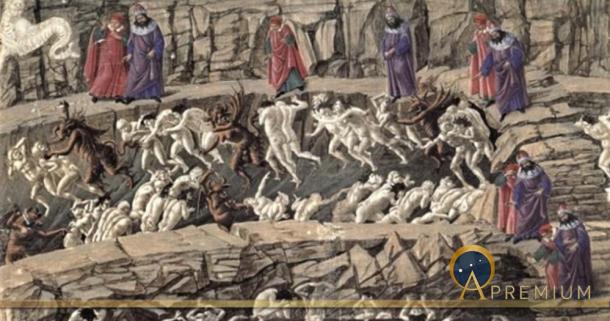 La Divina Comedia, Inferno XVIII by Sandro Botticelli ( 1481-88) Kupferstichkabinett, Berlin (Public Domain)