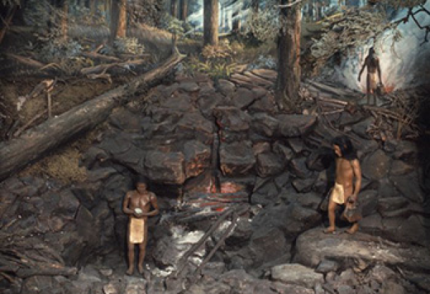 Artist's reconstruction of prehistoric native copper mining (Old Copper Culture)
