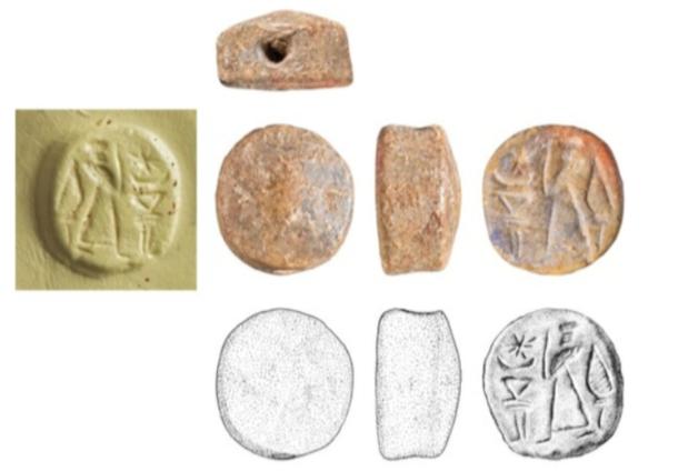The Assyro-Levantine limestone stamp seal discovered at Tel Yavne, shown with photographs, seal impression, archaeological drawings, and cross-sections
