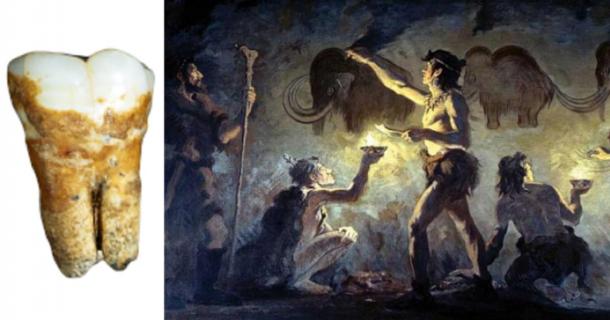 An Aurignacian tooth found in the Manot Cave, Israel. (Tel Aviv University) Cro-Magnon artists painting in Font-de-Gaume by Charles Robert Knight. (Public Domain)