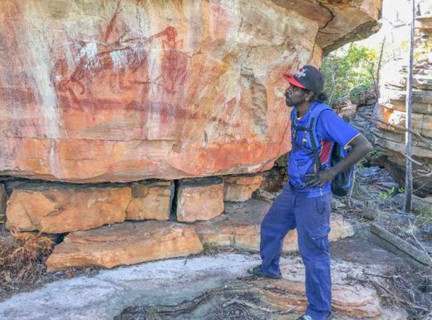 Young Dakal clan landowner Desmond Lindsay visits a Wilton River Australian rock art site for the first time. Most sites are remote and often impossible to approach in a vehicle. Source: Mimal Land Management Aboriginal Corporation (MLMAC) / Flinders University By