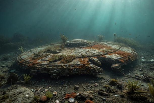 This photorealistic illustration depicts the mysterious circular object on the Baltic Sea floor, heavily encrusted and eroded as if it has rested there for millions of years. The image is an artistic rendering based on descriptions and scans from the Ocean X expedition.