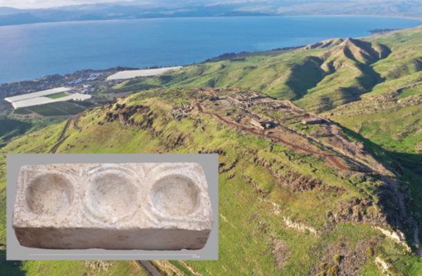 Aerial view of the Hippos Sussita excavation site on the mountain overlooking the Sea of Galilee. Inset; Marble block featuring three hemispheric cavities.