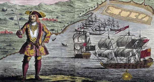 An engraving from 1724 of Bartholomew Roberts (aka Black Bart Roberts), the notorious Welsh pirate (1682-1722). Source: Benjamin Cole/CC BY-SA 4.0