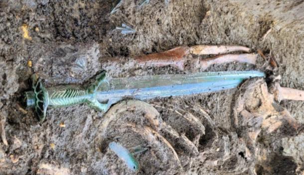 The N&ouml;rdlingen sword in situ at the discovery site.