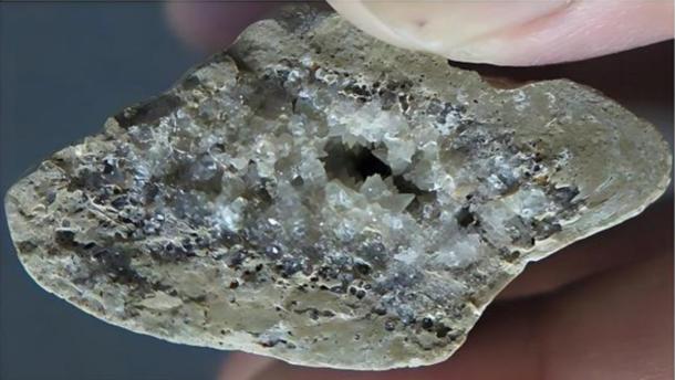Crystals growing inside a bone found at the Lingjing archaeological site.