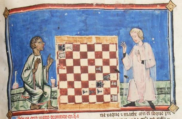 A Black chess player about to win against a light-skinned cleric. Chess problem 88 in the Libro de axedrez,