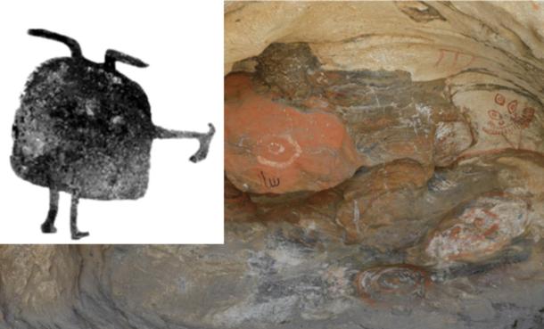 Frontal photographs of the Tangbaletasi Cave Paintings. Inset, sketch of Bell-shaped anthropomorphic motifs associated with the Chemurchek Culture.
