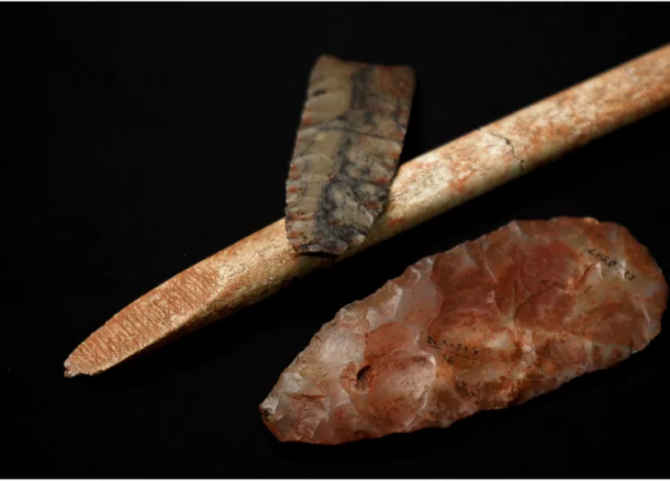 Clovis artifacts and foreshaft associated with the Anzick burial, Montana
