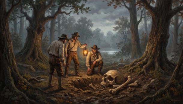 Representation of finding of large human skeletal remains in Ohio.