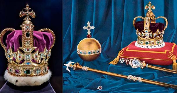 Left; St Edward’s Crown, Right ; Crown Jewels of the United Kingdom. Source: Left; Public Domain, Right; Public Domain