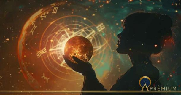 Image of a fortune teller gazing into a glowing orb, zodiac symbols orbiting around, divining the future amidst the cosmos. Source: Jenjira/Adobe Stock