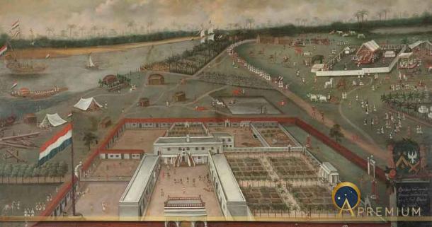 Dutch East India Company factory in Hugli-Chuchura, Mughal Bengal. Hendrik van Schuylenburgh, 1665. Source: Public domain