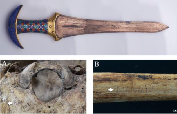 Top; The dagger buried with Princess Ita. Photograph by Sameh Abdel Mohsen, Egyptian Museum photographer. Bottom; Original nineteenth century handwritten identifications preserved on bones of ancient Egyptian princesses