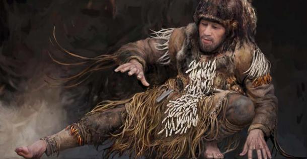 Adult male from grave 76a in Yuzhniy Oleniy Ostrov drawn as if he were alive during a dance session with 140 elk teeth on his chest, waist, pelvis, and thighs rattling rhythmically and loudly.