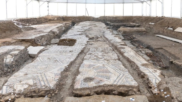 Excavated geometric mosaic floor belonging to a Late Roman