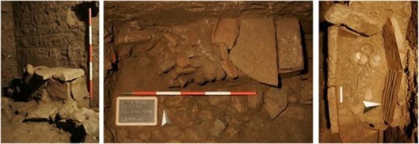  Excavation sequence showing the stone-and-brick cist grave of two newborn infants discovered inside a disused Roman latrine channel beneath the Odeion