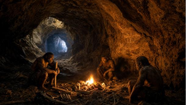 Image portraying early human ancestors working with fire in Wonderwerk Cave.