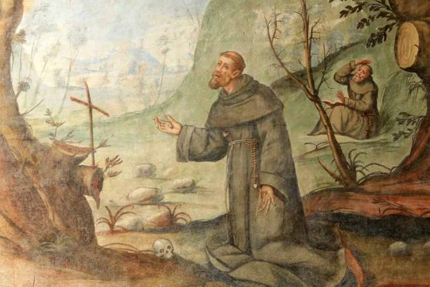 Saint Francis of Assisi, the founder of the Franciscan friars order, as depicted in the Madonna del Sasso Sanctuary in Locarno, Switzerland.