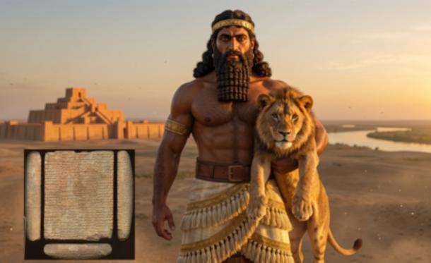 Image portraying a likeness of Gilgamesh, with insert of a cuneiform tablet.