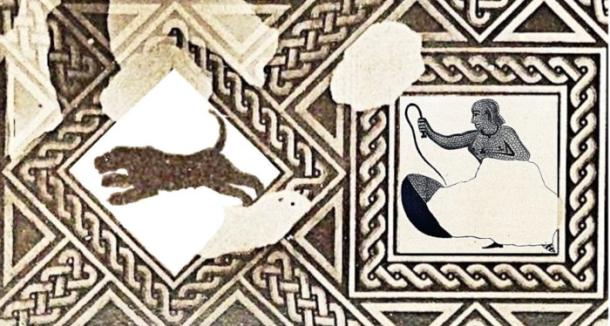 19th-century drawing of the Reims mosaic showing the leopard and the female beast hunter