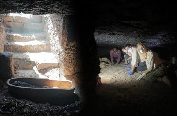 Left, inside view of the entrance to the Greco-Roman tomb at the Aga Khan Mausoleum. Right, Patrizia Piacentini and other researchers in the tomb. Source: Egyptian-Italian Mission (EIMAWA)