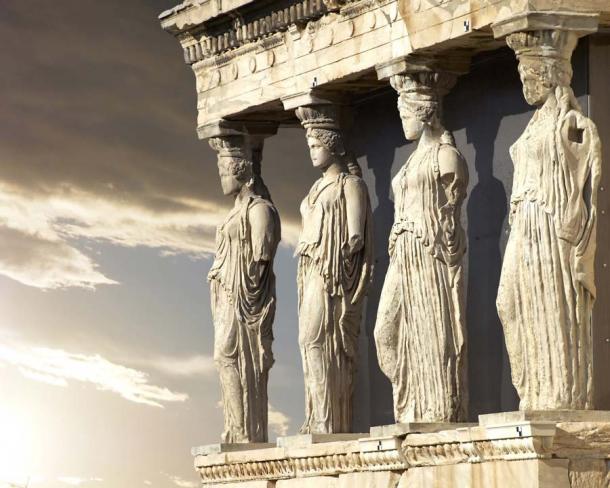 An ancient classic Greek poem taught to first year classics student at the University of Reading in England has been censored to avoid upsetting some students. Greek caryatids pillars depicting Greek women on the Acropolis of Athens, Greece. Source: Dimitrios / Adobe Stock