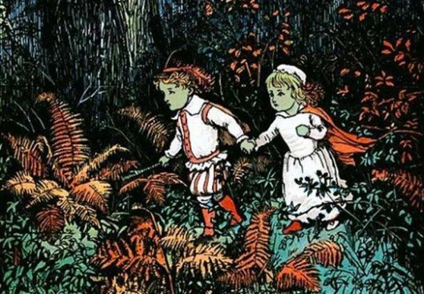 The Green Children of Woolpit, created from Babes in the Wood illustration by Randolph Caldecott. Source: Project Gutenberg / Public Domain