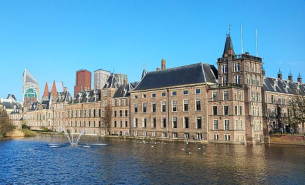 View of the Binnenhof and the Hofvijver pond in The Hague, Netherlands