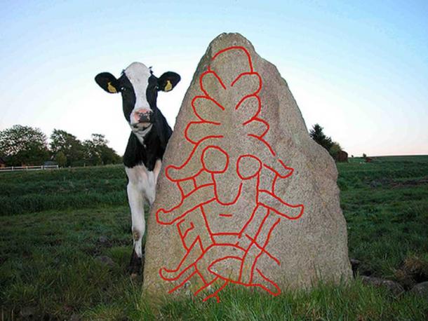 The Sjellebro Mask Stone with lines drawn in red chalk.