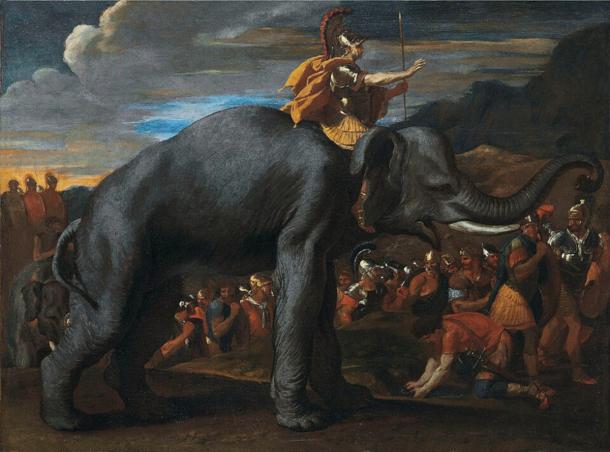 Hannibal crossing the Alps on an elephant, painted by Nicolas Poussin.
