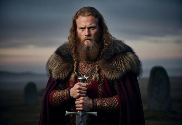 King Harald Bluetooth stands powerfully in the misty twilight, gripping a large Viking sword with both hands, its point resting downward.