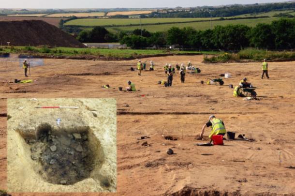 The Tregunnel Hill site in Cornwall under excavation. Inset, a Neolithic pit.