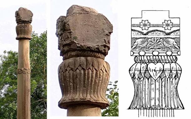 The structure and decorative elements of the Heliodorus pillar which links ancient India to Greece and serves as a precise time marker. The pillar originally supported a statue of Garuda, now lost, or possibly located in the Gujari Mahal Museum in Gwalior. 