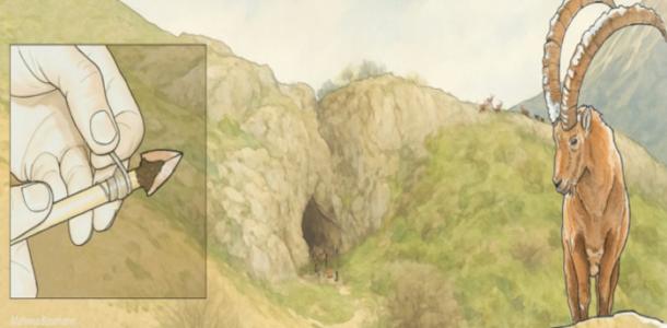 Artistic representation of Obi-Rakhmat rock shelter in Uzbekistan, micro-point hafting and main game hunted around the site 80,000 years ago