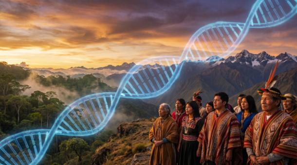Representation of Indigenous Americans with DNA helix.