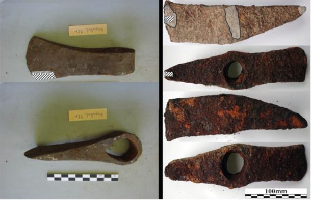 Iron Age iron axes from Kazakhstan (A) and northern Germany (B) examined through radiocarbon dating and metallographic analysis.