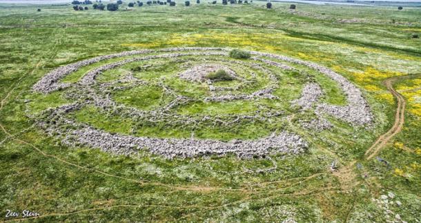 Aerial view of the ancient Rujm el-Hiri megalithic monument in the Golan Heights