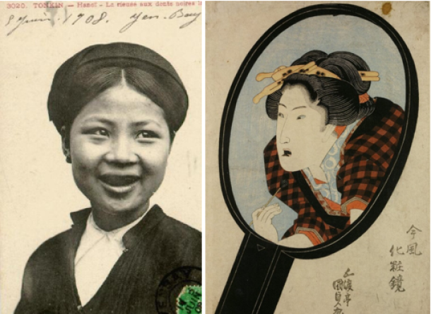Left; A Tonkin woman with black-painted teeth, 1908. Right Woman Applying Ohaguro While Looking into a Mirror